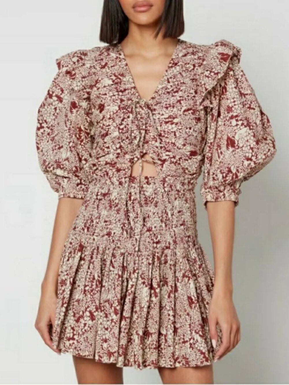 Sea New York Priya Romper Smocked Cut Out Floral Printed Pleated Ruffle Brown 2